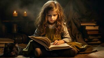 peu fille en train de lire une livre dans le bibliothèque avec l'automne feuilles autour son. génératif ai photo