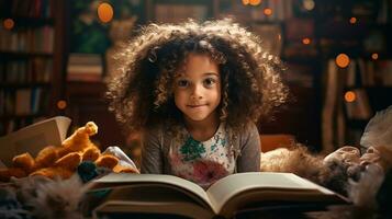 peu fille en train de lire une livre dans le bibliothèque avec l'automne feuilles autour son. génératif ai photo