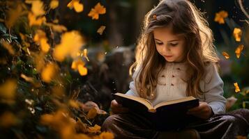 peu fille en train de lire une livre dans le bibliothèque avec l'automne feuilles autour son. génératif ai photo