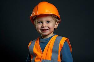 portrait de une mignonne peu garçon dans une construction casque ai généré photo