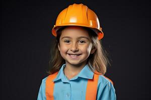 portrait de une souriant peu fille dans une construction casque ai généré photo