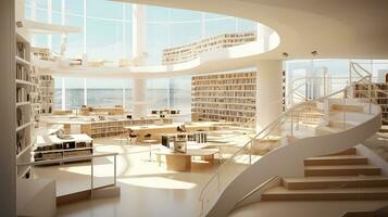 intérieur de moderne bibliothèque avec blanc des murs, en bois sol, Lignes de bibliothèques et bibliothèques. 3d le rendu. génératif ai photo
