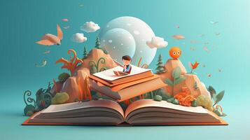 3d illustration de éducation concept, empiler de livres avec exclamation marquer. génératif ai photo