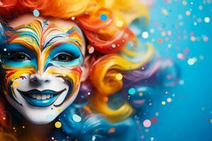 coloré Contexte pour carnaval ou anniversaire fête avec banderoles confettis et marrant visages photo