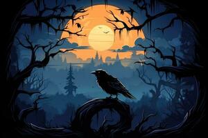 effrayant Halloween nuit vecteur avec corbeau oiseau perché sur en forme d'arc arbre branches photo
