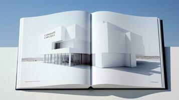 ouvert magazine avec moderne et minimaliste bâtiment et bleu ciel. 3d le rendu. photo
