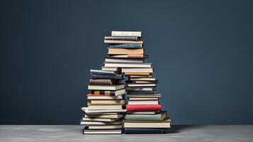 pile de livres sur foncé mur Contexte. retour à école concept. génératif ai photo