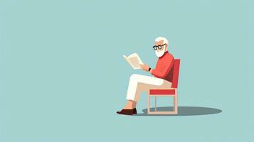 vieux homme en train de lire une livre tandis que séance dans une chaise. vecteur illustration. génératif ai photo