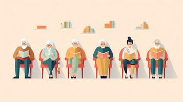 personnes âgées gens asseoir sur canapé et lis livres. vecteur illustration. génératif ai photo