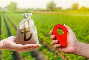 mains avec emplacement épingle et turc lire argent sac. terre marché. estimation Coût de parcelles. transport et construction industrie. achat et vente atterrir. agriculture secteur agroalimentaire. photo