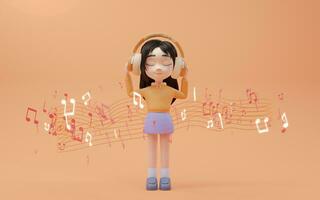 peu fille écoute à la musique avec dessin animé style, 3d le rendu. photo