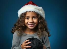 une Jeune fille dans Père Noël chapeau sur bleu Contexte photo