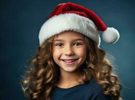 une Jeune fille dans Père Noël chapeau sur bleu Contexte photo