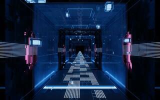 numérique cyberespace, science-fiction concept tunnel, 3d le rendu. photo