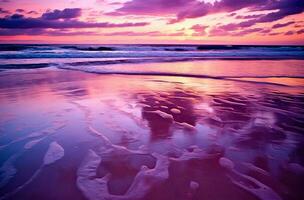 lever du soleil plus de le mer et agréable plage dans violet couleur. génératif ai photo