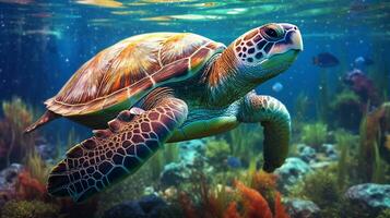 océan la pollution est un écologique catastrophe Plastique Sacs une tortue entouré génératif ai. photo