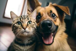 chat et chien meilleur copains prise une selfie tir. génératif ai illustration photo