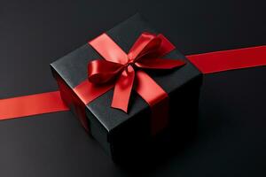 noir Vendredi vente avec élégant cadeau boîte sur foncé arrière-plan, Noël et vacances concept. ai génératif photo