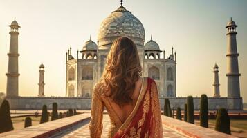 femme dans sari à taj Mahal, Inde. ai génératif photo