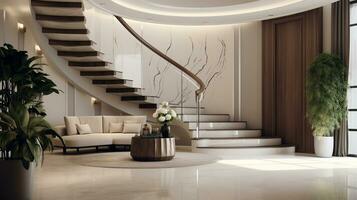 intérieur conception de moderne entrée salle avec escalier dans villa.ai génératif photo