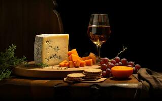 vin, les fromages et les raisins dans une ancien installation. établi avec génératif ai photo