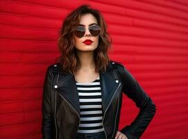 une Jeune femme dans une noir cuir veste, t chemise et noir des lunettes de soleil posant contre une rouge mur photo