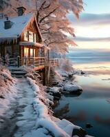 paysage avec une neige maison sur le Lac photo