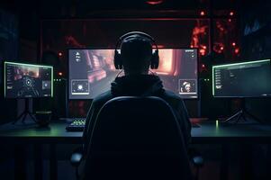 une joueur gars séance par le sien PC photo