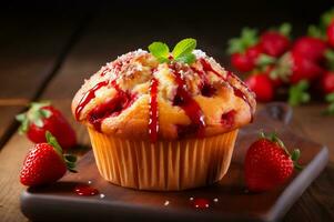 fraîchement cuit fraise muffin photo