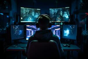 une joueur gars séance par le sien PC photo