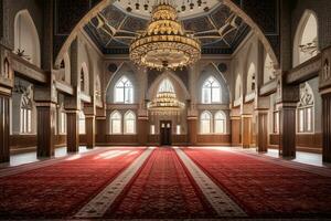 vue de à l'intérieur mosquée avec une grand tapis photo