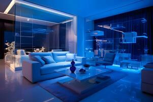 moderne luxe appartement avec brillant bleu lumière photo