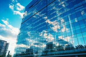 moderne Bureau bâtiment avec réflexion de bleu ciel et des nuages dans verre mur ai génératif photo