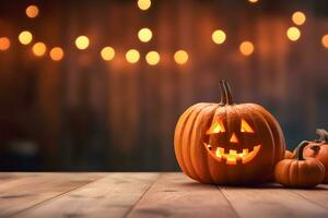 Halloween Contexte concept. bois table avec citrouille. génératif ai photo