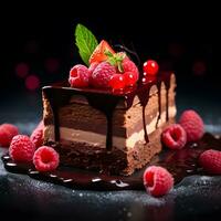 fait maison Chocolat gâteau sucré Pâtisserie dessert avec marron cerises framboise groseille. photo