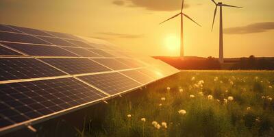 moderne vent turbines et solaire panneaux le coucher du soleil lumière. concept éco vert énergie. génération ai photo