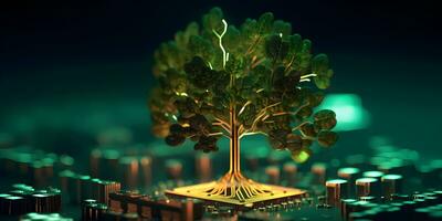 arbre croissance sur circuit planche. numérique et La technologie convergence. photo