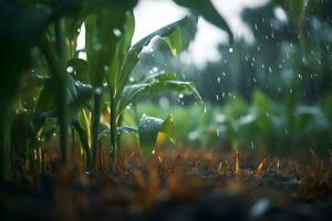 proche en haut herbe champ avec pluie. génératif ai photo