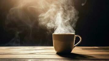 chaud café tasse sur en bois table avec fumée à venir en dehors ai génératif photo