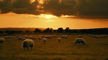 mouton en mangeant et en marchant sur digue dans le coucher du soleil ai génératif photo