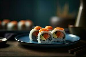 Sushi ensemble. Rouleaux avec saumon, anguille et rouge caviar sur une en bois plaque. restaurant. ai génératif photo