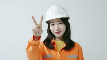 magnifique asiatique Jeune femme portant architecte casque avec un idée ou question montrer du doigt doigt avec content visage ai génératif photo
