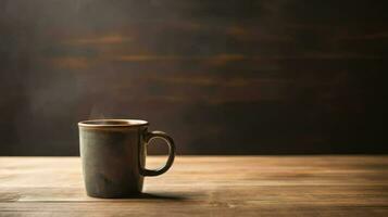 café dans marron tasse sur en bois table avec éclairage Contexte ai génératif photo