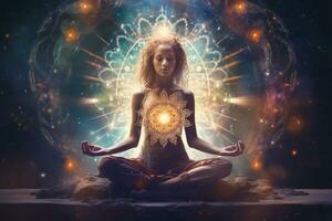 le concept de méditation et spirituel pratique, le expansion de conscience, le Activation de le chakras et le astral corps, mystique inspiration. ai génératif photo