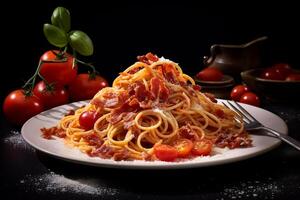 spaghetti alla amatriciana avec pancetta bacon, tomates et pecorino fromage.ai génératif photo