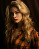 portrait de une magnifique blond femme dans une à carreaux chemise génératif ai photo