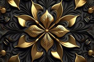 d'or floral modèle sur une noir Contexte génératif ai photo
