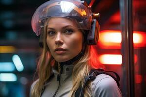 portrait de une Jeune femme portant une casque dans une métro station à nuit génératif ai photo