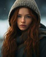 portrait de une roux fille avec longue cheveux dans le neige génératif ai photo