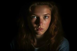 portrait de une Jeune femme dans le foncé génératif ai photo